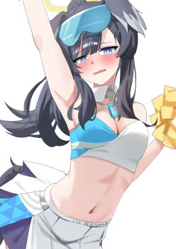 1girl absurdres animal_ears black_hair blue_archive blush breasts cheerleader commentary_request dog_ears dog_girl dog_tail goggles goggles_on_head halo hibiki_(blue_archive) hibiki_(cheer_squad)_(blue_archive) highres holding holding_pom_poms long_hair looking_at_viewer millennium_cheerleader_outfit_(blue_archive) official_alternate_costume pom_pom_(cheerleading) pom_poms shiroyo_(shiromeahi) simple_background skirt solo tail white_background yellow_halo