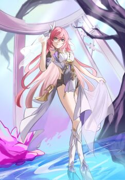 1girl bare_shoulders black_shorts blue_(bluespring1513) blue_eyes boots breasts bridal_veil commentary corset diamond-shaped_pupils diamond_(shape) elf elysia_(herrscher_of_human:_ego)_(honkai_impact) elysia_(honkai_impact) english_commentary highres honkai_(series) honkai_impact_3rd large_breasts long_hair looking_at_viewer multicolored_hair pink_hair pointy_ears short_shorts shorts smile solo standing standing_on_liquid symbol-shaped_pupils thighs triquetra two-tone_hair veil very_long_hair white_boots white_corset white_hair white_veil