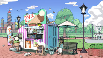 1girl 1other ad bench bird black_hair blush_stickers brick_road cactus cat cheribon cloud dog door dove dress eating flag food_truck fountain grass hand_on_bench hand_sanitizer hat highres ice_cream_cone lamppost long_hair menu_board on_bench original park park_bench patio_umbrella paw_print paw_print_pattern plant potted_plant sandals shade shiba_inu simple_bird sitting sleeping_animal slide stairs straw_hat sundress swing_set trash_can tree white_flag