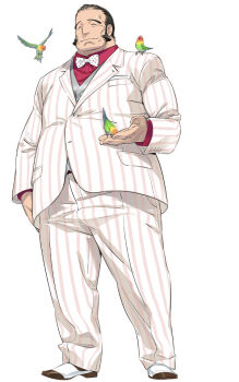 1boy animal bird black_hair bow bowtie closed_eyes collared_shirt dress_shirt facial_hair fat fat_man formal_clothes fukuda_tomonori full_body game_cg grey_vest hand_hair holding holding_animal holding_bird jacket looking_at_viewer male_focus mature_male nagafukada_sumio official_art pants parrot pink_trim polka_dot polka_dot_bow polka_dot_bowtie red_shirt robotics;notes science_adventure shirt shoes short_hair sideburns smile solo standing striped_clothes suit vertical-striped_clothes vest white_background white_shoes
