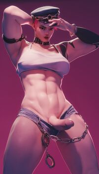 1futa 3d abs absurdres arm_tattoo armpits belt_collar black_eyes bracelet breasts chain choker collar cosplay cowboy_shot crop_top cuffs cutoffs denim denim_shorts final_fight frown fugtrup futanari handcuffs hat highres jewelry large_penis looking_at_viewer medium_breasts muscular muscular_futa navel overwatch peaked_cap penis pink_background pink_hair poison_(final_fight) poison_(final_fight)_(cosplay) police_hat protected_link scar scar_across_eye scar_on_face short_hair short_shorts shorts simple_background solo street_fighter studded_collar tank_top tattoo thick_thighs thighs variant_set zarya_(overwatch)