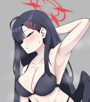 ahoge arm_behind_head armpits asymmetrical_bangs bikini black_bikini black_hair blue_archive blunt_bangs blush breasts cleavage grey_eyes hair_ornament hairclip halo highres ichika_(blue_archive) large_breasts long_hair looking_at_viewer low_wings narrowed_eyes sweat swimsuit winchesterizy wings
