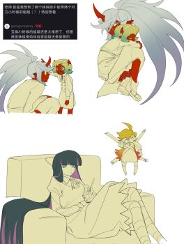 4girls aged_down angel blonde_hair blue_hair demon_horns demon_tail dress glasses green_hair guru.zong halo highres horns kneesocks_(psg) multiple_girls panty_&amp;_stocking_with_garterbelt panty_(psg) purple_hair scanty_(psg) siblings sisters stocking_(psg) tail white_dress