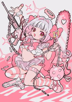 1girl absurdres arm_up artist_request assault_rifle ball_and_chain_(weapon) bow broken broken_chain bullet chain chainsaw character_name collar commission fang flat_chest full_body gradient_hair gun hair_bow hair_intakes halo handgun highres holding holding_chain holding_weapon kneeling leg_warmers m1911 m4_carbine microskirt multicolored_hair open_mouth original petite pink_bow pink_collar pink_hair pink_halo pink_shoes pink_skirt pink_thighhighs r-0224 red_eyes rifle second-party_source shirt shoes short_sleeves single_thighhigh skirt solo spiked_ball_and_chain star-shaped_pupils star_(symbol) stomach striped_clothes striped_thighhighs symbol-shaped_pupils thigh_strap thighhighs two_side_up weapon white_hair white_shirt white_wrist_cuffs wrist_cuffs