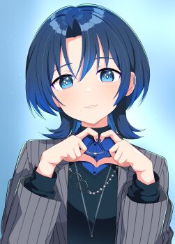 Rule 34 | 1girl, absurdres, black sweater, blue eyes, blue hair, blue nails, blue shirt, collared shirt, grey jacket, heart, heart hands, highres, hiodoshi ao, hiodoshi ao (1st costume), hololive, hololive dev is, jacket, jewelry, looking at viewer, medium hair, mole, mole under mouth, necklace, pinstripe jacket, pinstripe pattern, shirt, solo, striped clothes, striped jacket, suit jacket, sweater, vertical-striped clothes, vertical-striped jacket, virtual youtuber, wolf cut, zara (artist)