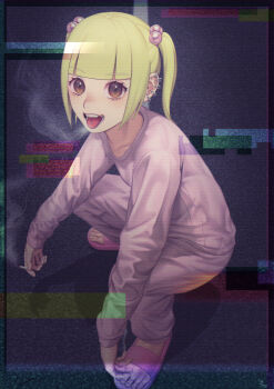 1girl absurdres arms_on_knees blonde_hair blowing_smoke blunt_bangs brown_eyes chanel_(jimoto_saikou) cigarette commentary_request ear_piercing from_side full_body glitch hair_bobbles hair_ornament highres holding holding_cigarette jimoto_saikou koufukutei_yumeko long_sleeves looking_at_viewer looking_to_the_side medium_hair missing_tooth no_socks open_mouth pants piercing pink_pants pink_sandals pink_sweater road sandals slav_squatting smile smoking solo squatting static street sweater sweatpants tongue tongue_out tongue_piercing