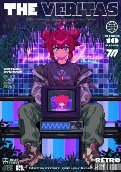 1girl absurdres ahoge alternate_costume barcode black_shirt blue_archive blue_eyes closed_mouth clothes_writing commentary crt double_bun english_text faux_retro_artstyle green_pants hair_between_eyes hair_bun halo highres hrna jacket jewelry long_sleeves looking_at_viewer maki_(blue_archive) millennium_science_school_logo necklace neon_sign open_clothes open_jacket pants plant red_hair shirt shoes sitting solo test_card tile_wall tiles