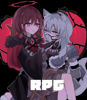 Rule 34 | 2girls, animal ears, armor, black background, black cape, black gloves, blue eyes, brooch, cape, commentary, girls band cry, girls band cry rpg, gloves, grey eyes, grey hair, halo, hamchan69, hand on another's chin, hand on another's waist, highres, iseri nina, jewelry, kawaragi momoka, long hair, multicolored hair, multiple girls, muzzle (mask), red hair, roots (hair), short twintails, sitting, sitting on lap, sitting on person, smile, tail, thorns, twintails, wolf ears, wolf girl, wolf tail, yuri