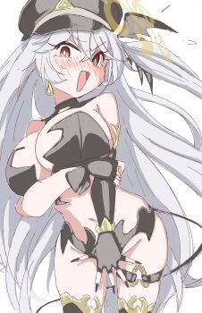1girl absurdres bikini black_gloves black_hat black_thighhighs blue_archive blush breasts commentary_request covering_crotch covering_privates earrings embarrassed eri_(blue_archive) fingerless_gloves gloves grey_hair halo hat highres jewelry large_breasts long_hair looking_at_viewer navel open_mouth peaked_cap pecoyama simple_background solo swimsuit tail thigh_strap thighhighs white_background white_hair wings