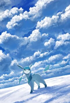 blue_eyes closed_mouth cloud full_body gen_4_pokemon glaceon highres kuchiba_(jret2454) looking_up nintendo pokemon pokemon_(creature) smile snow