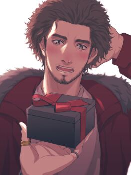 Rule 34 | 1boy, arm behind head, beard, blush, brown hair, coat, commentary request, facial hair, gift, holding, holding gift, hood, hooded coat, implied yaoi, jewelry, kasuga ichiban, looking at viewer, male focus, mature male, multiple boys, multiple rings, mustache stubble, open mouth, red coat, ring, ryuu ga gotoku (series), ryuu ga gotoku 7, short hair, simple background, solo focus, stubble, upper body, white background, yuuri (yuri83), zhao tianyou