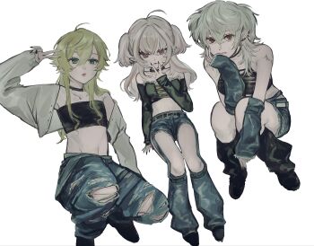 1boy 2girls absurdres ahoge alternate_costume arm_warmers black_leg_warmers blonde_hair blue_arm_warmers blue_leg_warmers blue_pants breasts brown_hair crop_top cross-laced_clothes cross-laced_top denim denim_shorts detached_sleeves earrings genderswap genderswap_(mtf) green_eyes grey_hair hair_between_eyes highres jacket jewelry jump_(ah0029) kuzuha_(nijisanji) leg_warmers legwear_garter long_hair looking_at_viewer makaino_ririmu medium_breasts multiple_girls nijisanji pants pink_eyes pointy_ears red_eyes sanya_(kuzuha) shorts simple_background small_breasts striped_clothes torn_clothes torn_pants trap two_side_up uzuki_kou v virtual_youtuber white_background white_jacket