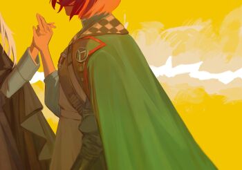 2girls black_cape blue_jacket cape dress eyes_out_of_frame facing_another from_side gauntlets green_cape hand_up hashtag-only_commentary head_out_of_frame highres holding_hands jacket marsha_(reverse:1999) multiple_girls reverse:1999 sentinel_(reverse:1999) short_hair single_gauntlet skyregalias solo_focus white_dress yellow_background