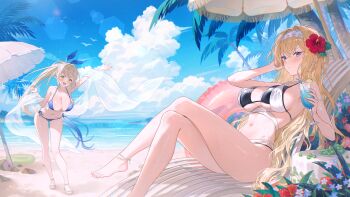 2girls :d absurdres anklet arm_up bare_arms bare_legs bare_shoulders barefoot beach beach_chair bikini black_bikini blonde_hair blue_bikini blue_eyes blue_hair blush breasts cleavage closed_mouth crossed_legs day elf flower foot_out_of_frame fymrie gradient_hair hair_flower hair_ornament hairband halterneck hand_up hibiscus highres holding jewelry large_breasts layered_bikini leaning_forward lens_flare long_hair looking_at_viewer lying multicolored_hair multiple_girls navel o-ring o-ring_bikini o-ring_bottom ocean on_back open_mouth original outdoors parasol pointy_ears ponytail reclining sandals side-tie_bikini_bottom sitting skindentation smile standing stomach string_bikini sunlight swimsuit thighs towel umbrella underboob very_long_hair water wet white_bikini yellow_eyes