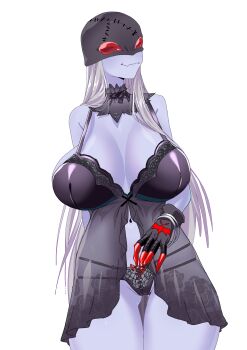 1girl bare_shoulders breasts closed_mouth collarbone demon_girl digimon digimon_(creature) female_focus fingernails gerusyu gloves grey_hair highres ladydevimon large_breasts lingerie long_hair mask red_eyes sharp_fingernails smile solo solo_focus sta standing underwear