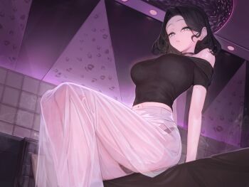 1girl arm_support black_choker black_hair black_panties black_sweater blue_eyes breasts choker closed_mouth commentary_request curly_hair earrings from_below hair_intakes indoors jewelry long_skirt looking_at_viewer medium_breasts midriff_peek moco_(moco_28) on_bed original panties partial_commentary see-through_clothes see-through_skirt short_hair sitting skirt solo sweater underwear white_skirt