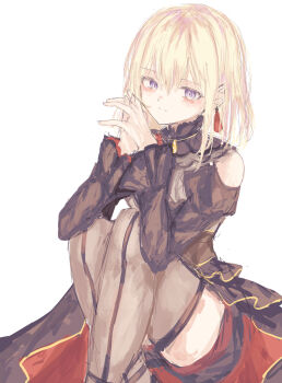 1girl absurdres bang_dream! bang_dream!_it&#039;s_mygo!!!!! black_dress blonde_hair blush closed_mouth clothing_cutout commentary doloris_(bang_dream!) dress earrings grey_hair highres jewelry latte_bf long_sleeves looking_at_viewer medium_hair misumi_uika own_hands_together purple_eyes shoulder_cutout simple_background solo white_background