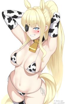 1girl absurdly_long_hair absurdres animal_ears animal_print armpits arms_up bell bikini black_collar blonde_hair blue_eyes breasts collar commentary_request commission cow_print cow_print_bikini cow_print_thighhighs cowbell elbow_gloves eyepatch gloves highres long_hair looking_at_viewer medium_breasts navel neck_bell original print_bikini print_thighhighs simple_background skeb_commission solo star_(symbol) star_sticker sticker sticker_on_face stomach sumi_ojie swimsuit tail thighhighs very_long_hair white_background