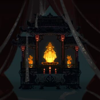 1boy absurdres altar architecture candle chinese_clothes chinese_commentary curtains dark east_asian_architecture faceless faceless_male facing_viewer glowing hair_between_eyes hands_in_opposite_sleeves hanfu highres jin_(headwear) lantern long_hair long_sleeves male_focus mini_person miniboy object_focus paper_lantern scholar&#039;s_congee_(the_tale_of_food) shuling solo standing straight-on talisman tang_jin_(headwear) the_tale_of_food wide_sleeves