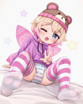 1girl animal_ears arm_support beanie bear_ears bear_hat blonde_hair blue_eyes blush brown_hat commentary commission comodox diaper diaper_under_clothes drawstring english_commentary fairy_wings fake_animal_ears flat_chest gradient_hair hair_between_eyes hair_flaps hand_up hat highres hood hood_down hoodie indie_virtual_youtuber loli long_sleeves looking_at_viewer multicolored_hair no_shoes one_eye_closed open_mouth pink_hair pink_thighhighs pink_wings pixiv_commission print_diaper pull-up_diaper purple_hoodie short_hair sitting sizzlesjellyqueen smile solo star_(symbol) star_print striped_clothes striped_diaper striped_thighhighs thighhighs two-tone_hair two-tone_thighhighs variant_set virtual_youtuber w white_thighhighs wings