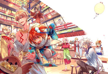 2others 6+boys 6+girls ahoge alternate_costume anger_vein animal_ears apron artoria_pendragon_(fate) basin bird black_footwear black_hair blonde_hair blue_bow blue_eyes blue_hair blue_kimono blue_neckerchief blue_sash body_markings bow brown_pants caenis_(fate) candy_apple carrying carrying_person cellphone character_mask child_gilgamesh_(fate) closed_eyes crossed_legs cu_chulainn_(fate) cup dango dark-skinned_female dark-skinned_male dark_skin earrings enkidu_(fate) ereshkigal_(fate) falling_petals fate/grand_order fate_(series) floating food fujimaru_ritsuka_(female) fujimaru_ritsuka_(female)_(ceremonial_new_year) fur_shawl gilgamesh gilgamesh_(caster)_(fate) gilgamesh_(fate) glasses gold_earrings gold_necklace gradient_hair green_apron green_eyes green_hair grey_kimono hair_between_eyes hair_bow hair_ornament hair_over_one_eye head_chain heavenly_boat_maanna highres holding holding_candy_apple holding_cup holding_food holding_phone holding_tray ikayaki indoors ishtar_(fate) japanese_clothes jewelry kimono kingu_(fate) kirschtaria_wodime lantern long_hair long_sleeves looking_at_another mash_kyrielight mash_kyrielight_(enma-tei_uniform) mask mask_on_head merlin_(fate) merlin_(under_the_same_sky)_(fate) multicolored_hair multiple_boys multiple_girls multiple_others multiple_persona neckerchief necklace obi okobo one_side_up open_mouth orange_hair pants paper_lantern parted_bangs petals phone pink_hair pink_petals pink_slippers platform_sandals pointing pom_pom_(clothes) pom_pom_hair_ornament ponytail print_kimono purple_eyes purple_hair red_eyes red_kimono red_sash saber_(fate) saint_quartz_(fate) sakazuki sandals sash shawl shirt shoes short_hair short_ponytail single_off_shoulder sitting sleeves_rolled_up slippers smartphone smile socks solomon_(fate) sparrow standing standing_on_one_leg stool summon_ticket_(fate) sweatdrop tabi table teeth topless_male towel towel_around_neck tray two_side_up updo wagashi waist_apron watch white_bow white_hair white_kimono white_shirt white_socks worrisorochi wristwatch yellow_eyes yellow_kimono yellow_sash