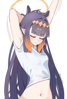 1girl absurdres arms_up blunt_bangs breasts closed_eyes closed_mouth commentary diamond_hairband english_commentary hairband halo highres hololive hololive_english long_hair mole mole_under_eye navel ninomae_ina&#039;nis orange_hair orange_hairband orange_halo pointy_ears purple_eyes purple_hair shirt small_breasts solo stretching tentacle_hair very_long_hair virtual_youtuber white_background white_shirt younhand
