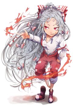 1girl absurdres boots bow breasts cigarette closed_mouth commentary_request fire fujiwara_no_mokou full_body hair_bow hand_in_pocket highres long_hair looking_to_the_side medium_breasts middle_finger mouth_hold multiple_hair_bows nuru_himmel ofuda ofuda_on_clothes pants parted_bangs plantar_flexion pyrokinesis red_boots red_eyes red_pants scratching scratching_with_foot shirt smoking solo standing standing_on_one_leg suspenders suspenders_slip touhou very_long_hair white_background white_bow white_shirt