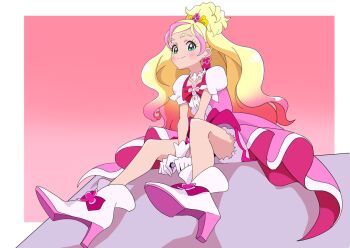 1girl blonde_hair bloomers blush border buttons choker cure_flora dress earrings flower flower_choker from_below full_body gloves go!_princess_precure gradient_background gradient_hair green_eyes gya-tei hanging_legs haruno_haruka high_heels highres jewelry long_hair looking_at_viewer magical_girl multicolored_hair pink_background pink_dress pink_hair precure puffy_short_sleeves puffy_sleeves shoes short_sleeves sitting solo underwear white_bloomers white_border white_gloves white_shoes