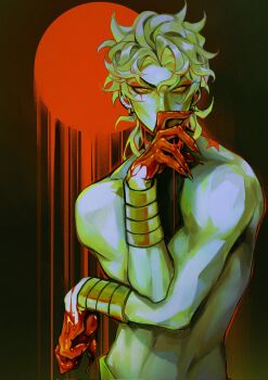1boy birthmark black_background blonde_hair blood blood_drip blood_on_hands bracelet covering_own_mouth dio_brando earrings fingernails hand_over_own_mouth highres jewelry joestar_birthmark jojo_no_kimyou_na_bouken long_eyelashes long_fingernails looking_at_viewer male_focus mole mole_on_ear mullet multiple_moles muscular red_background simple_background slit_pupils stardust_crusaders sun topless_male two-tone_background upper_body yellow_eyes yissopiart