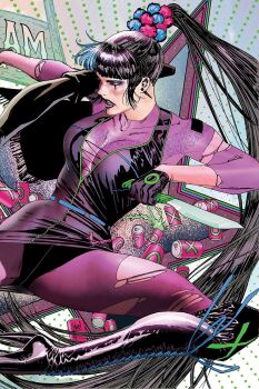 1girl batman_(series) black_hair can commentary dc_comics ear_piercing english_commentary gloves hair_ornament hairpin harleyarchives highres holding holding_knife knife long_hair makeup piercing punchline_(dc) solo torn_clothes