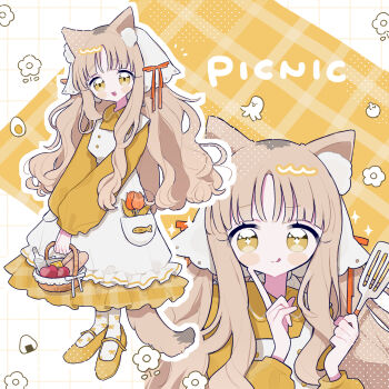 Rule 34 | 1girl, :d, :q, absurdres, animal ear fluff, animal ears, apron, basket, blonde hair, blush stickers, bottle, bread, cat ears, cat girl, cat tail, closed mouth, commentary request, dress, flower, food, full body, headscarf, highres, holding, holding basket, holding spatula, long hair, long sleeves, looking at viewer, multiple views, niyu (nennenkorori3), open mouth, orange flower, orange ribbon, orange tulip, original, outline, ribbon, shoes, smile, socks, spatula, standing, tail, tomato, tongue, tongue out, tulip, white apron, white headscarf, white outline, white socks, yellow background, yellow dress, yellow eyes, yellow shoes