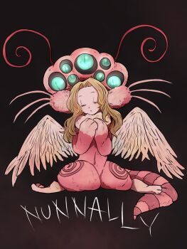 1girl antennae brown_background brown_hair character_name closed_eyes code_geass commentary_request costume feathered_wings full_body highres kneeling long_hair mizuto_(o96ap) nunnally_vi_britannia simple_background solo white_wings wings