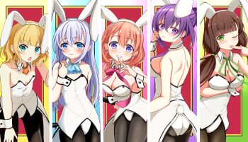 5girls absurdres animal_ears black_pantyhose breasts gochuumon_wa_usagi_desu_ka? highres hoto_cocoa kafuu_chino kirima_syaro leotard maxima_sakuya multiple_girls pantyhose playboy_bunny rabbit_ears small_breasts tedeza_rize ujimatsu_chiya white_leotard wrist_cuffs
