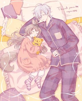 1boy 1girl absurdres animal_ear_fluff animal_ears bed bloomers book bow brown_hair buttons closed_eyes closed_mouth collared_shirt commission dress father_and_daughter feet_out_of_frame frills full_body grey_hair hair_over_one_eye height_difference highres hugging_object long_hair long_sleeves lying on_bed on_side original pajamas pants pillow pink_pajamas plaid pocket purple_pants shirt short_hair skeb_commission sleeping smile socks squirrel_(jjjjmmn_err) striped_clothes striped_socks stuffed_animal stuffed_toy tail teddy_bear thank_you underwear waya4696