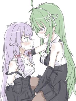 Rule 34 | 2girls, ahoge, arm at side, assault lily, banshouya ena, bare shoulders, between legs, black skirt, bow, bow hairband, breasts, brown pantyhose, cleavage, collared shirt, detached sleeves, eye contact, face-to-face, from side, girl on top, green eyes, green hair, hair ribbon, hairband, hand between legs, hand up, long hair, long sleeves, looking at another, low-tied sidelocks, medium breasts, miniskirt, multiple girls, ooinaru ishi (zwna m), pantyhose, parted lips, partially unbuttoned, profile, purple eyes, purple hair, ribbon, school uniform, shirt, sidelocks, simple background, sitting, sitting on lap, sitting on person, skirt, sleeve bow, sleeveless, sleeveless shirt, strap slip, sweatdrop, tanaka ichi, underbust, very long hair, white background, white bow, white hairband, white ribbon, white shirt, yuri, yurigaoka girls academy school uniform
