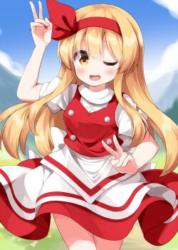 Rule 34 | 1girl, apron, back bow, blonde hair, blue sky, blush, bow, breasts, cloud, commentary request, completion time, day, double v, ellen (touhou), hairband, highres, long hair, looking at viewer, medium breasts, one eye closed, open mouth, orange eyes, puffy short sleeves, puffy sleeves, red hairband, red skirt, red vest, ruu (tksymkw), shirt, short sleeves, skirt, sky, smile, solo, touhou, touhou (pc-98), v, very long hair, vest, waist apron, white apron, white bow, white shirt, yellow eyes
