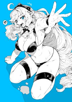 ! 1girl ? absurdres armpits bare_shoulders barefoot bikini black_bow blue_background blue_eyes blush bow breasts commentary_request greyscale_with_colored_background hair_bow highres large_breasts long_hair looking_at_viewer multiple_thigh_straps navel open_mouth partially_colored pointy_ears solo spoken_exclamation_mark spoken_question_mark stomach sweat sweatdrop swimsuit teeth thigh_strap tongue upper_teeth_only vivian_banshee wet wristband yotsumi_shiro zenless_zone_zero