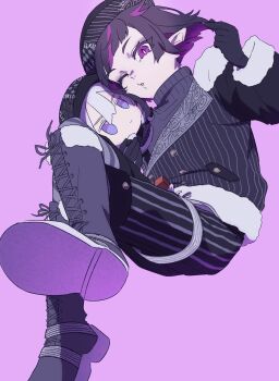 1boy beret black_gloves black_hair black_hat black_jacket black_shorts black_sweater blue_eyes bob_cut boots bright_pupils buttons character_doll colored_eyelashes colored_inner_hair commentary_request cw_fjz diagonal_bangs doll double-breasted eyeshadow father_and_son finger_heart floating_hair from_below full_body fur-trimmed_boots fur-trimmed_jacket fur_trim gloves grey_boots grey_pantyhose hand_up hat highres holding holding_doll jacket knee_boots lace-up_boots lapels leg_ribbon light_smile lilia_vanrouge lilia_vanrouge_(nightmare_courier) looking_at_viewer lost_in_the_book_with_tim_burton&#039;s_the_nightmare_before_christmas makeup male_focus multicolored_hair one_eye_closed pale_skin pantyhose patchwork_clothes pink_background pink_eyes pink_streaks pinstripe_jacket pinstripe_pattern pinstripe_shorts puckered_lips purple_eyeshadow ribbed_sweater ribbon short_eyebrows shorts silver_vanrouge silver_vanrouge_(nightmare_courier) simple_background streaked_hair striped_clothes striped_pantyhose sweater thigh_ribbon turtleneck turtleneck_sweater twisted_wonderland white_hair white_pupils