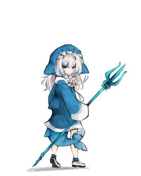 1girl absurdres animal_costume animal_hood bad_id bad_twitter_id blue_eyes blue_hair blue_hoodie blunt_bangs doktahzaki fins fish_tail gawr_gura gawr_gura_(1st_costume) grey_hair hair_ornament highres holding holding_polearm holding_weapon hololive hololive_english hood hoodie long_hair long_sleeves looking_at_viewer multicolored_hair polearm shark_costume shark_girl shark_hair_ornament shark_hood shark_print shark_tail sharp_teeth solo streaked_hair tail teeth trident two_side_up virtual_youtuber weapon