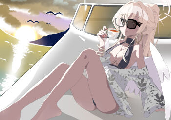 1girl bare_shoulders beach black_one-piece_swimsuit blonde_hair blue_archive boat book breasts cleavage_cutout clothing_cutout cup feathered_wings grin hair_between_eyes halo highres holding large_breasts long_hair nagisa_(blue_archive) nagisa_(swimsuit)_(blue_archive) ocean official_alternate_costume official_alternate_hairstyle one-piece_swimsuit orange-tinted_eyewear pink_halo ponytail shirt sidelocks sitting smile solo sunglasses sunset swimsuit teacup tinted_eyewear watercraft white_shirt white_wings wings yellow_eyes