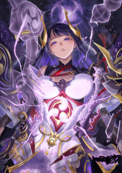 1girl armor bare_shoulders blue_pupils blunt_bangs breasts bridal_gauntlets center_opening clothing_cutout commentary_request electricity fake_horns genshin_impact glowing hair_down head_tilt headpiece highres horns humanoid_robot japanese_armor japanese_clothes kimono looking_at_viewer mechanical_arms mitsudomoe_(shape) mole mole_under_eye multicolored_eyes neck_ribbon o_jarlu parted_lips powering_up purple_background purple_eyes purple_hair raiden_shogun raiden_shogun_(magatsu_mitake_narukami_no_mikoto) red_ribbon ribbon robot shade shoulder_armor solo tomoe_(symbol) transformation upper_body wide_sleeves