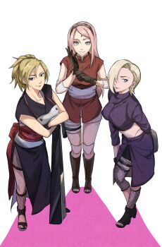 Rule 34 | 3girls, adjusting clothes, adjusting gloves, arm behind back, armor, bandaged leg, bandages, black boots, black dress, black gloves, blonde hair, blue eyes, boots, breastplate, breasts, closed mouth, commentary, cropped jacket, dress, facial mark, fishnets, forehead mark, full body, gloves, green eyes, hair between eyes, hair over one eye, hairband, haruno sakura, highres, holding, holding weapon, jacket, large breasts, long dress, long hair, looking at viewer, medium breasts, midriff, multiple girls, naruto (series), naruto shippuuden, open-toe boots, pink hair, ponytail, purple jacket, purple skirt, red hairband, red shirt, sayaendou0426, shirt, short hair, side slit, skirt, smile, temari (naruto), thighhighs, untranslatable commentary, weapon, white background, white thighhighs, yamanaka ino