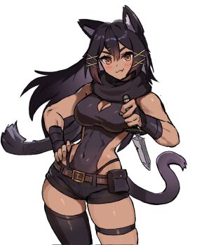 Rule 34 | 1girl, animal ear fluff, animal ears, bare shoulders, belt, belt pouch, black hair, black leotard, black pants, black scarf, blush, breasts, brown belt, cat ears, cat girl, cat tail, cleavage, cleavage cutout, clothing cutout, commentary, commission, dagger, dark-skinned female, dark skin, english commentary, hair between eyes, highres, holding, holding dagger, holding knife, holding weapon, knife, large breasts, leotard, long hair, looking at viewer, muscular, muscular female, original, pants, pouch, scarf, simple background, solo, strapless, strapless leotard, sulkycats, tail, virtual youtuber, weapon, wersman, white background, yellow eyes
