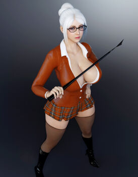 1girl 20s 3d 3ds_max black_background black_boots black_thighhighs boots breasts brown_eyes buttons cleavage curvy female_focus glasses gradient_background grey_background guhzcoituz hair_bun hand_on_own_hip high_heels highres huge_breasts jacket knee_boots long_sleeves looking_at_viewer miniskirt multicolored_background plaid_clothes plaid_skirt prison_school red_jacket red_skirt riding_crop school_uniform see-through_clothes see-through_legwear shiraki_meiko shirt short_hair sidelocks skirt solo standing swept_bangs thick_thighs thighhighs thighs unbuttoned unbuttoned_jacket unbuttoned_shirt undershirt white_hair white_shirt wide_hips zettai_ryouiki