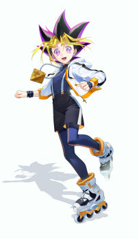 1boy absurdres black_bodysuit black_hair black_shorts blonde_hair bodysuit buzzsaw_(6631455) full_body highres hood hood_down hooded_jacket jacket male_focus medium_hair millennium_puzzle multicolored_hair muto_yugi open_clothes open_jacket purple_eyes purple_hair shorts solo spiked_hair suspenders white_jacket yu-gi-oh! yu-gi-oh!_duel_monsters