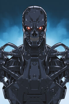 Rule 34 | absurdres, artificial eye, glowing, glowing eyes, highres, humanoid robot, looking at viewer, machinery, mechanical eye, mechabare, no skin, onion maru, piston, red eyes, robot, science fiction, solo, straight-on, t-800, teeth, terminator (series), the terminator, upper body