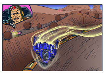 1boy action aircraft aviator_cap blue_falcon border boulder brown_headwear close-up cutoffs desert drifting f-zero f-zero_gx fire_stingray flying_car hover_vehicle jrcomicart male_focus nintendo open_mouth race_vehicle racing rimless_eyewear samurai_goroh science_fiction sunglasses sweat teeth thrusters torn_clothes torn_sleeves upper_teeth_only vehicle_focus white_border