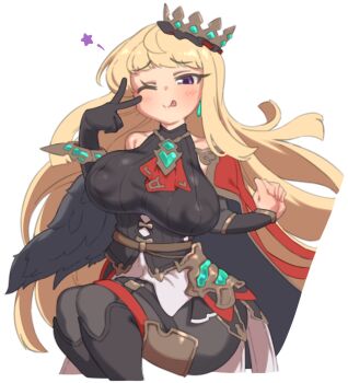 1girl bare_shoulders basukechi black_gloves black_pantyhose black_shirt blonde_hair breasts cagliostro_(granblue_fantasy) covered_erect_nipples crown gloves granblue_fantasy huge_breasts long_hair one_eye_closed pantyhose purple_eyes shirt single_glove smile solo star_(symbol) tagme thick_thighs thighs tongue tongue_out v white_background wink