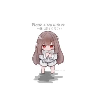 1girl alice_love_game blush brown_hair chibi child english_text goddess_of_victory:_nikke hugging_object long_hair only_one_(nikke) pillow pillow_hug red_eyes simple_background tearing_up tears white_background white_gown
