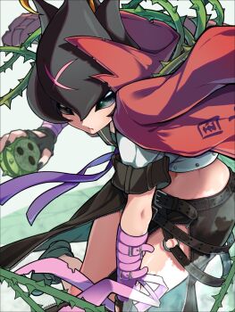 1girl bancholilimon black_eyes black_gloves black_skirt cowboy_shot cropped_shirt denim denim_skirt digimon digimon_(creature) fingerless_gloves gloves highres holding jacket jacket_on_shoulders long_skirt nail_polish pakotaroh plant red_jacket school_uniform shirt skirt solo vines white_shirt yo-yo